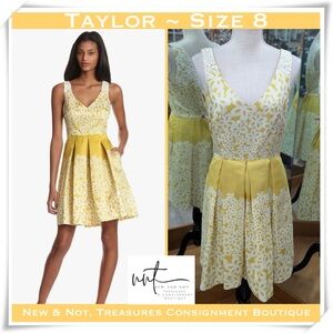 Taylor Brand Yellow White Embroidered Floral Fit & Flare Dress Womens Size 8
